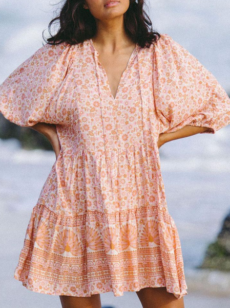 

Loosen Boho V Neck Dresses, Pink, Mini Dresses