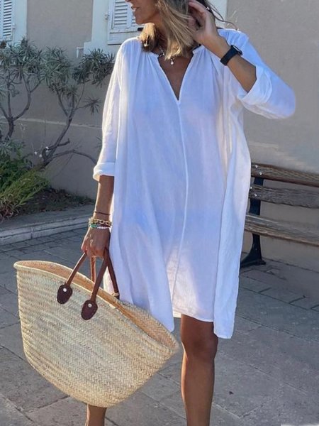 

Plus Size Casual Solid V neck Loosen Long Sleeve Dresses, White, Mini Dresses
