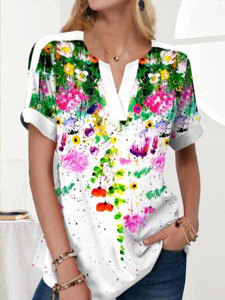 

Split Neck Ombre Floral Print Blouse, Multicolor, T-Shirts