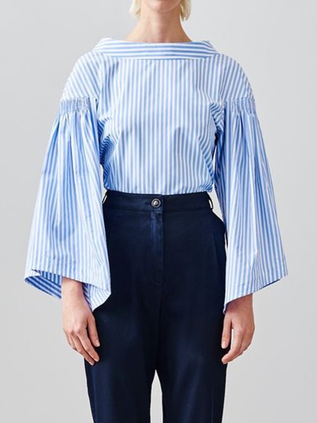 Striped Boat Neck Elegant Work Shirt, Blue, Blouses and Shirts