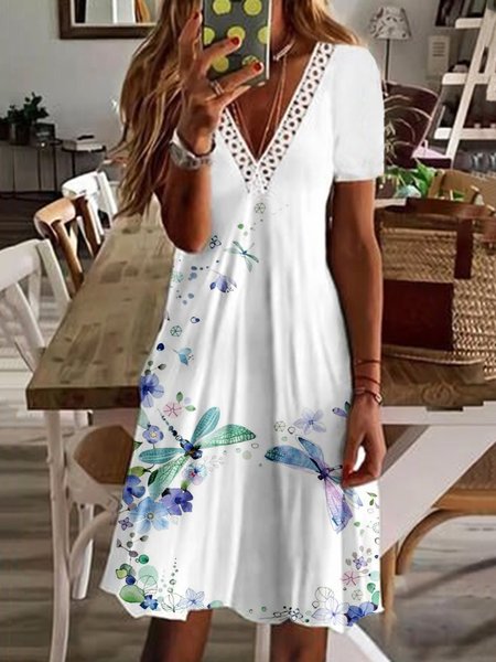 

Dragonfly Printed Lace V Neck Casual A-line Dresses, White, Mini Dresses