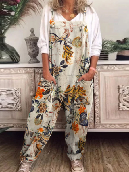 

Women's Floral Print Sleeveless Adjustable Straps Pocket Harem Jumpsuit Loosen Floral One-Pieces, Khaki, Jumpsuits＆Rompers