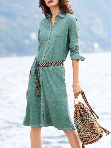 

Plus Size Casual Solid Lapel Long Sleeve Loosen Dresses, Green, Midi Dresses