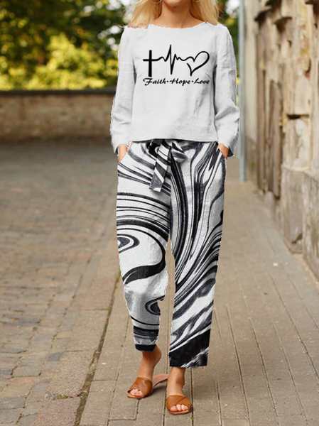 

Casual Geometric Heart Long Sleeve Suits, Black-white, Two-piece Outfits