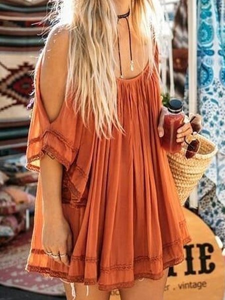 

Boho Cotton Blends Embellished Solid Dresses, Orange, Mini Dresses