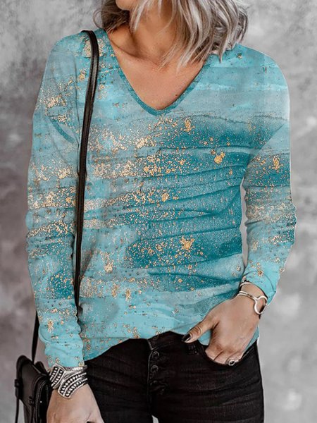 

Ombre V Neck Cotton Blends Shirts & Tops Plus Size, Mint, Long sleeve tops