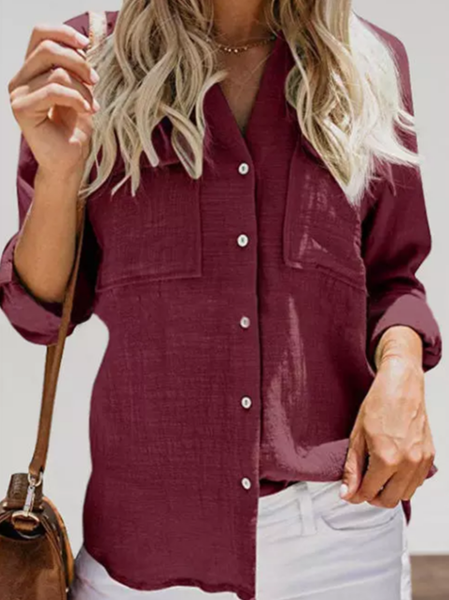 

V Neck Casual Loosen Shirts & Tops, Wine red, Shirts & Blouses
