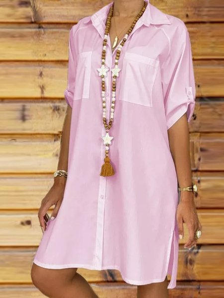 

Casual Pink Shirt Collar Loose Shift Dress, Mini Dresses