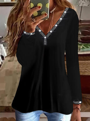 

Rhinestone V Neck Plain Shirts & Tops, Black, T-Shirts