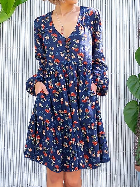 

Plus size Floral Printed Casual Dresses, Blue, Mini Dresses