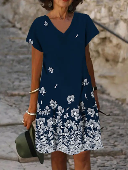 

Casual Vacation Floral Cotton Blends V Neck Dresses, Purplish blue, Floral Dresses