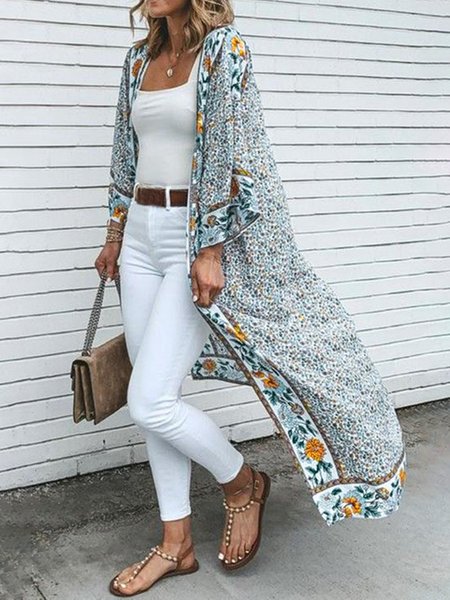 

Casual Vacation Cape Collar Floral Print Loose Summer Kimono, Multicolor, Kimonos