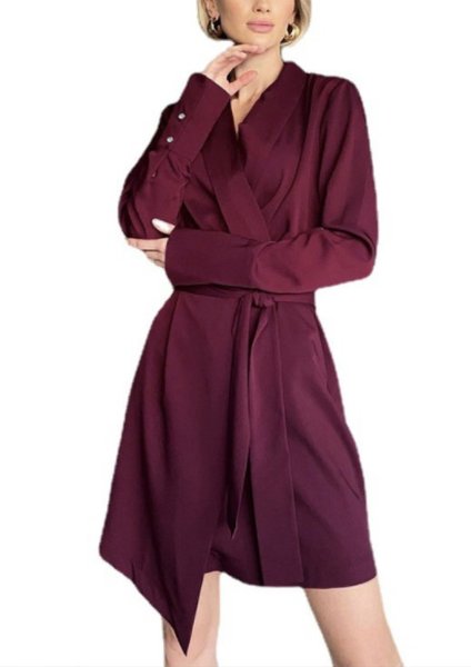 

Solid Regular Fit Elegant Long Sleeve Dress, Wine red, Mini Dresses