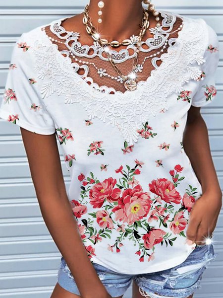 

Short sleeve round neck geometric gradient flower lace Resort Floral Crew Neck Cotton Blends Shirts & Tops, White, Tees & T-shirts