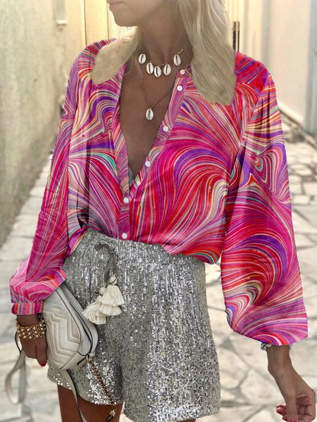 

Art Paintings Long Sleeves Buttoned Notched Plus Size Casual Shirt Tops, Multicolor, Blouses & Shirts