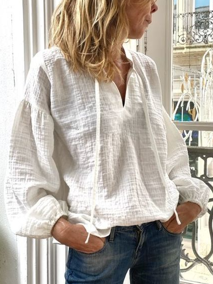 

Off Shoulder V Neck Loosen Cotton Shirts & Tops, White, Long sleeve tops