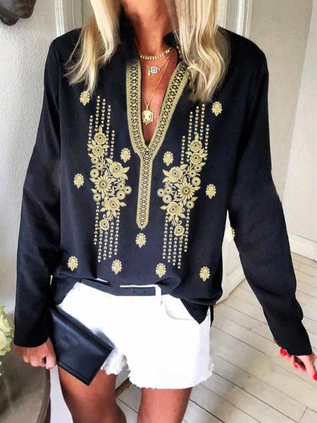 

Tribal Embroidered Casual V Neck Loosen Shirts & Tops, Black, Tops