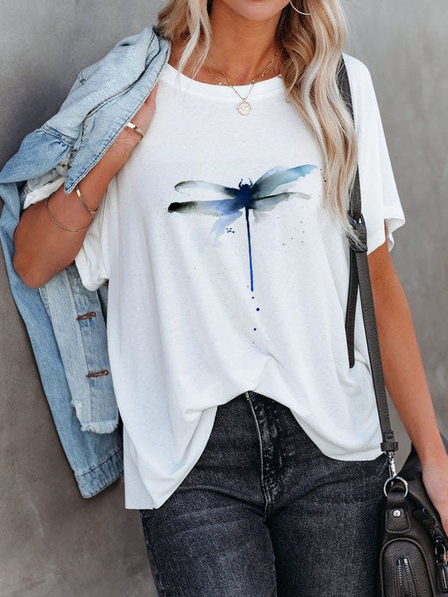 

Loosen Round Neck Dragonfly Vacation Shirt & Top, White, T-Shirts