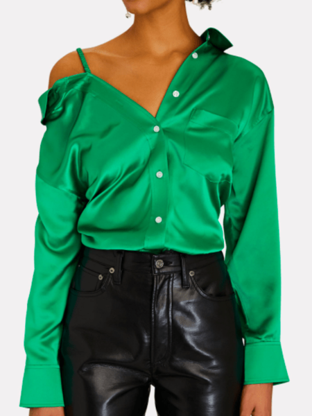 

Spring Satin Shirt Collar Long sleeve Date Lightweight Tops, Green, Tops