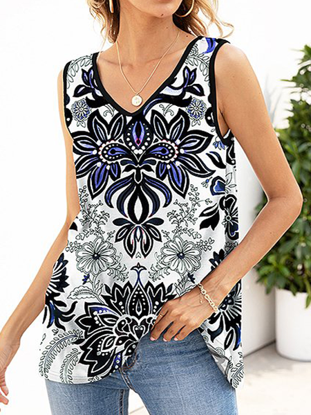 White & Blue Abstract Floral V-Neck Tank - Women & Plus V Neck Tribal Vests, Tanks & Camis