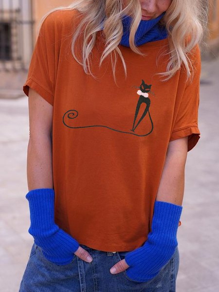 

Kitten Print Casual Loose Short Sleeve T-Shirt, Orange, Tees & T-shirts