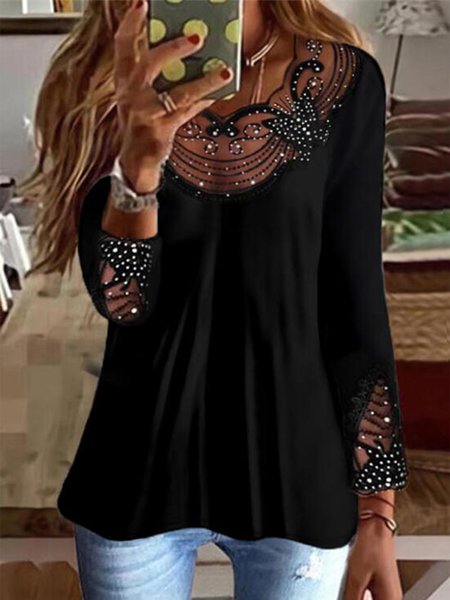 

Lace Plain Long Sleeves V Neck Plus Size Casual Tops, Black, T-Shirts
