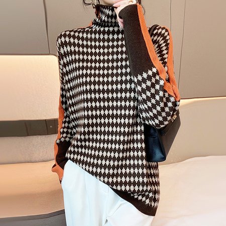 

High Neck Patchwork Sweater, Coffee, Sweaters