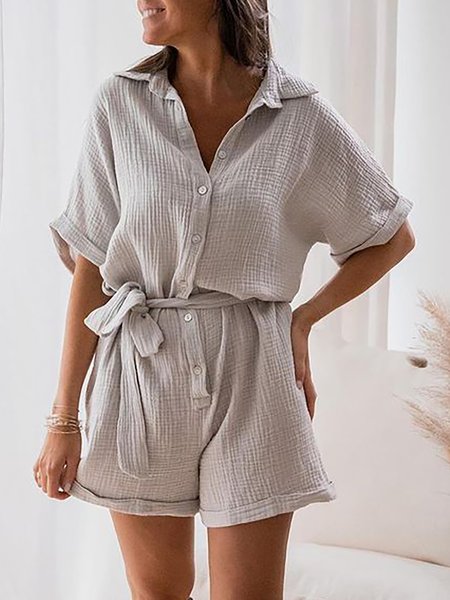 

Linen Casual Shirt Collar Solid One-Pieces, Light khaki, Jumpsuits