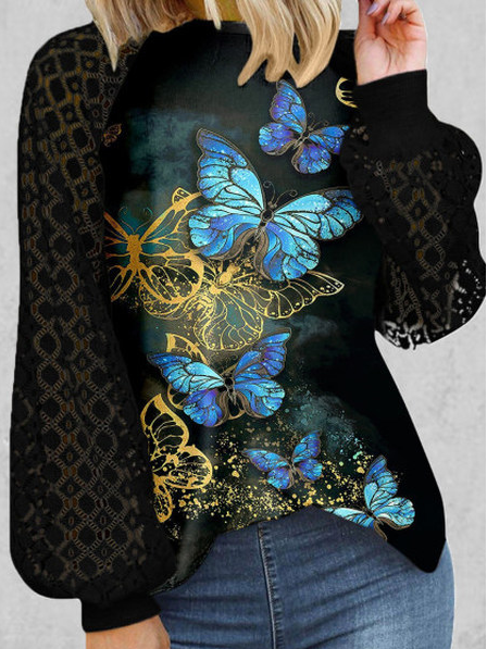 

Butterfly Cotton Blends Crew Neck Shirts & Tops, Green, Long sleeve tops