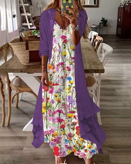 

V Neck Vacation Two Piece Sets, Purple, Dresses