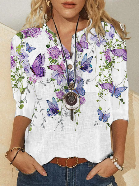

Floral Cotton Blends Crew Neck Shirts & Tops, White, Long sleeve tops