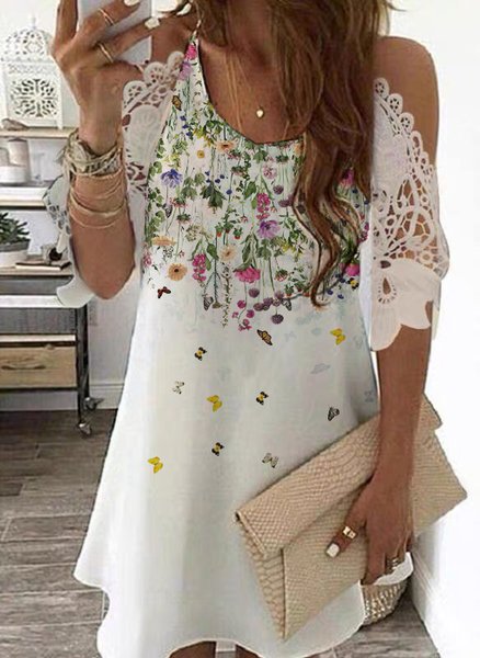 

Crew Neck Romantic Floral Half Sleeve Loosen Dresses, White, Mini Dresses