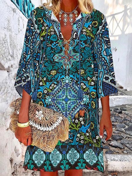 

Boho Tribal Pattern Fringe V Neck 3/4 Sleeve Plus Size Casual Dresses, Multicolor, Mini Dresses