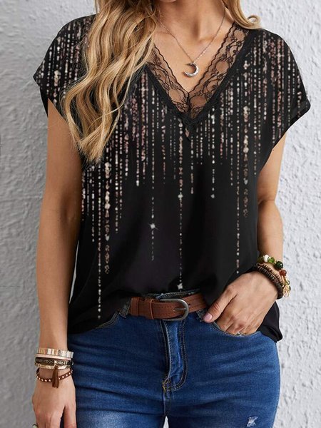 

Flowing gold sparkling lace stitching spring new designer temperament ladies T-shirt, Black, T-Shirts