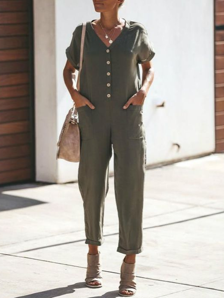 

Cotton Blends Loosen Solid One-Pieces, Army green, Jumpsuits＆Rompers