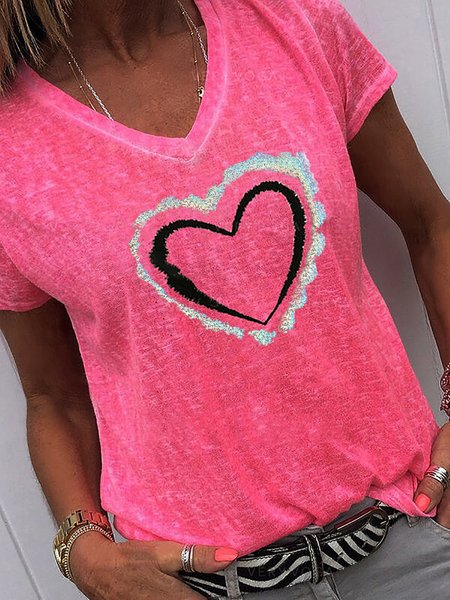 

Print Sequins Heart V-Neck Short Sleeves Casual T-shirts, Pink, T-Shirts