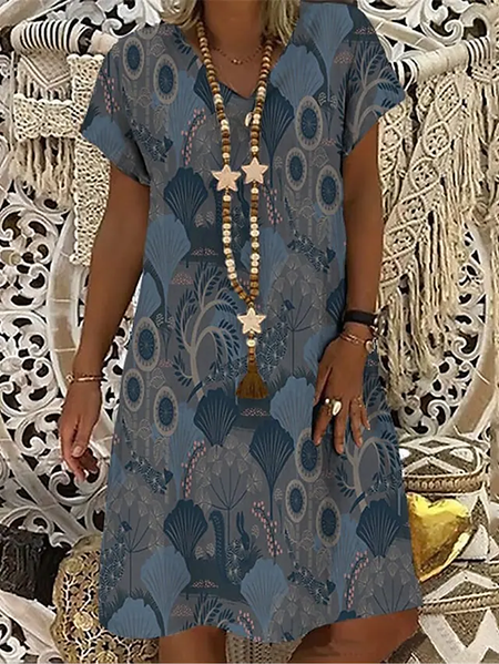 

Cotton Blends Casual Vacation Floral Short sleeve Dresses, Navyblue, Casual Dresses