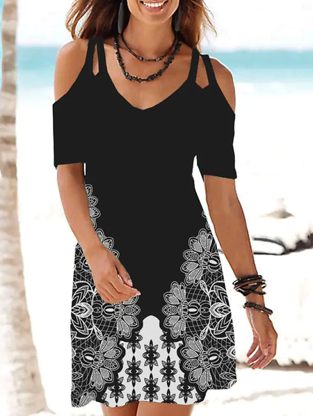 

Cotton Blends Floral V Neck Dresses, Black, Floral Dresses