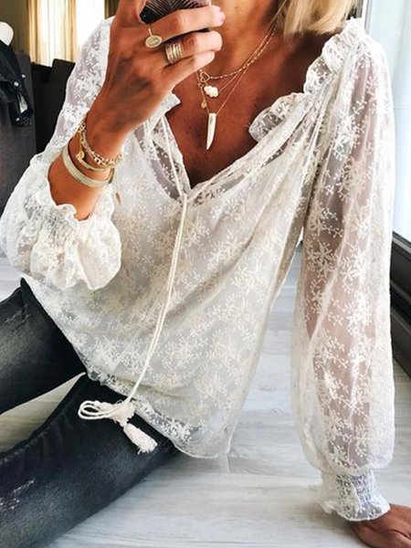 

V Neck Cotton Blends Shirts & Tops, White, Tops