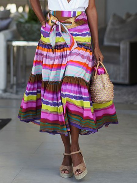 

Vacation Striped Color Block A LineA Skirt, Multicolor, Maxi Skirts