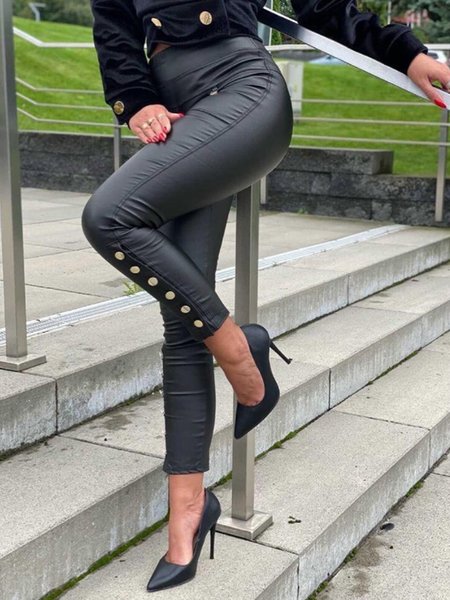 

Daily Pu leather Solid Buttoned Skinny Pants, Black, Skinny Leg Pants