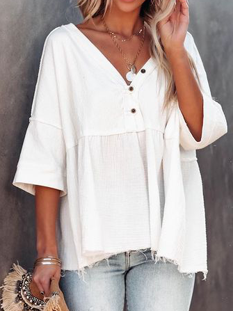 

V Neck Casual Loosen Shirts & Tops, White, Blouses & Shirts