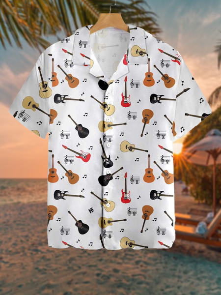 

Holiday Casual Music Elements Guitar and Notes Pattern Hawaiian Print Shirt Top, Multicolor, Men's Floral shirt