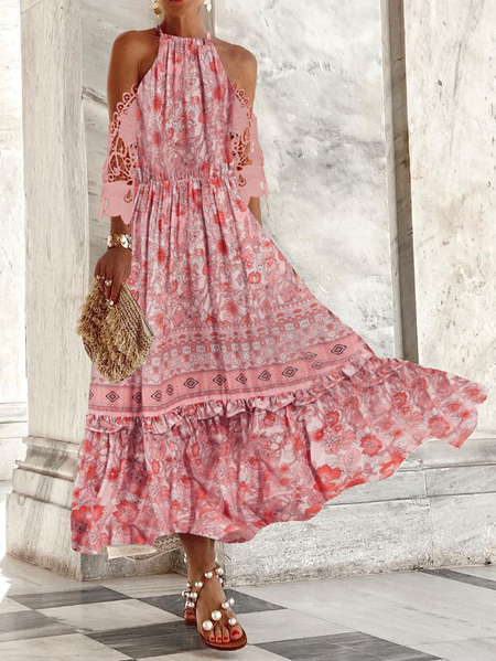 

Boho Loosen Dresses（ elastic waist）, Pink, Maxi Dresses
