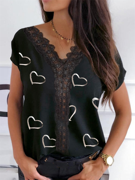

Short sleeve Lace Heart V neck Casual Shirts & Tops, Black, T-Shirts