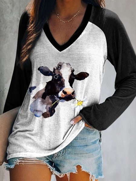 

V Neck Animal Regular Fit Cow Long Sleeve T-shirt, Black-white, Long sleeve tops