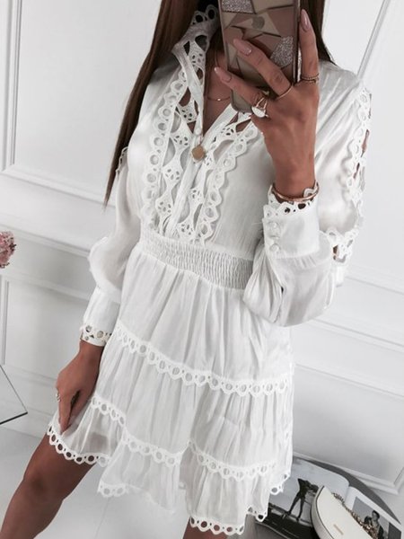 

Casual Lace Solid Loosen Long Sleeve Dresses, White, Mini Dresses