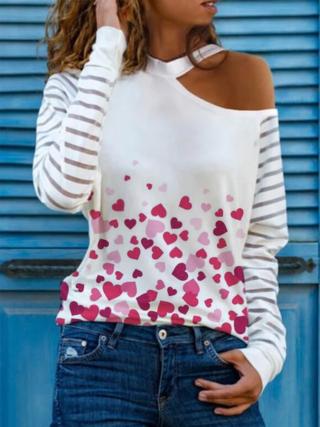 

Casual Heart Crew Neck Shirts & Tops, White, Tops
