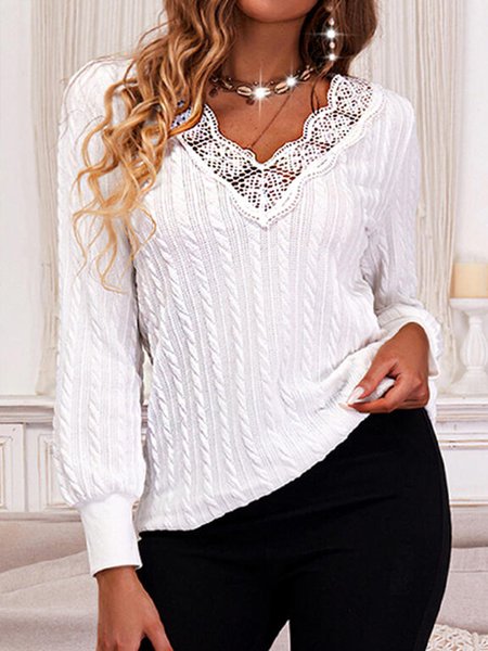 

Long sleeve Cotton Blends Elegant Shirts & Tops Lace Soild, White, Long sleeve tops