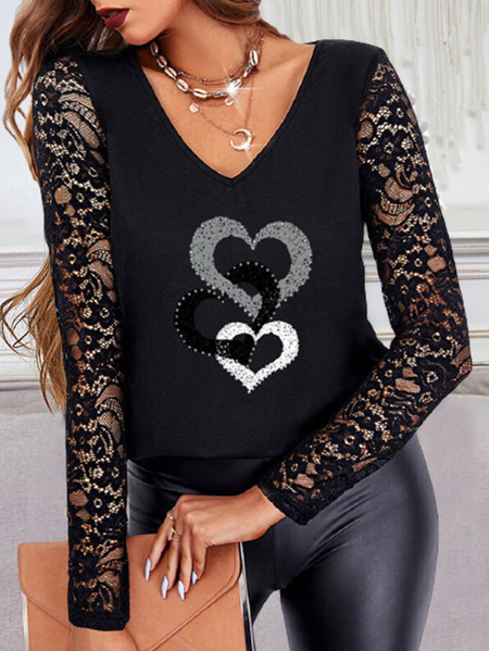 

V Neck Regular Fit Elegant Shirts & Tops, Black, Long sleeve tops